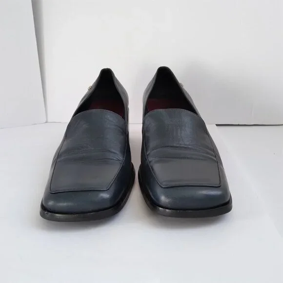 Stylish 90's Navy Leather 'Status' Slip On Square Toe Block Heel Shoes Sz 8.5 - Picture 3 of 10